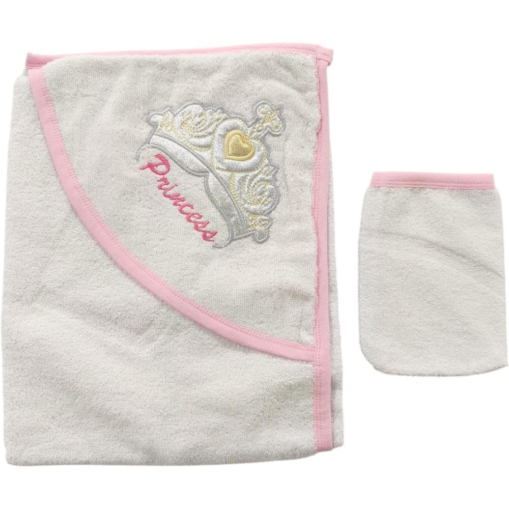 Bebek taç nakışlı kapüşonlu banyo havlu ve kese ikili set