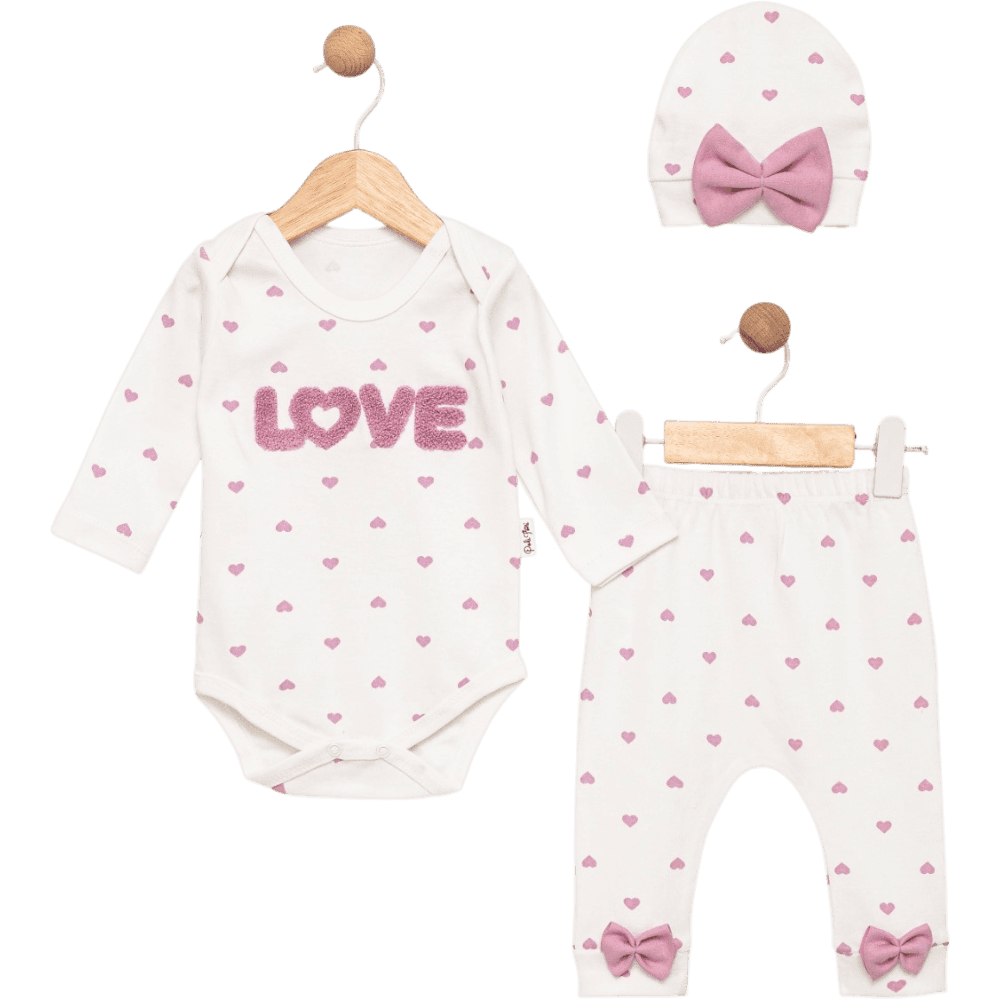Pantolonlu ve şapkalı mevsimlik LOVE nakışlı bebek çıtçıtlı (1/3)