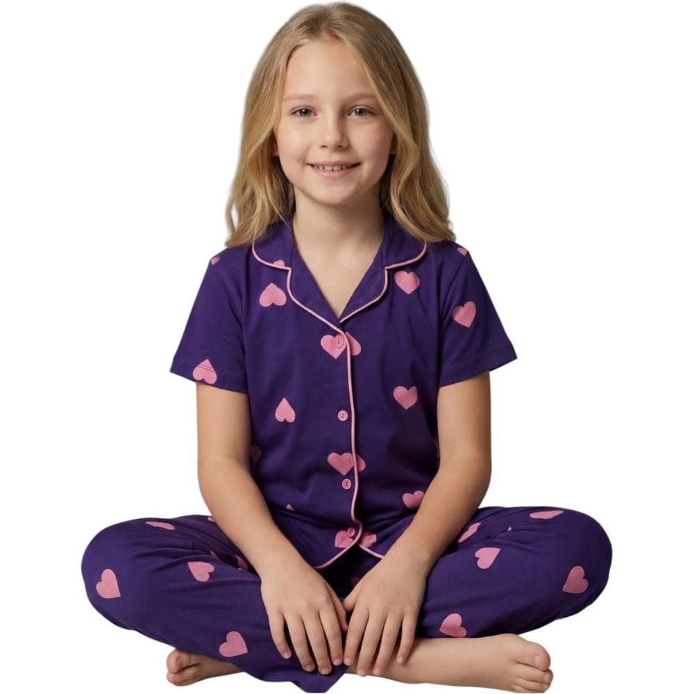 Kalp desenli mor renkli düğmeli yazlık pijama takımı