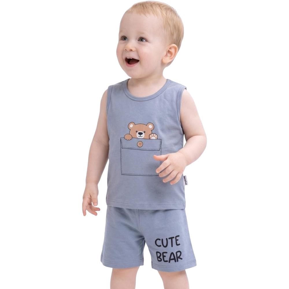 Yazlık CUTE BEAR baskılı askılı tişört ve şortlu ikili takım (1/5)