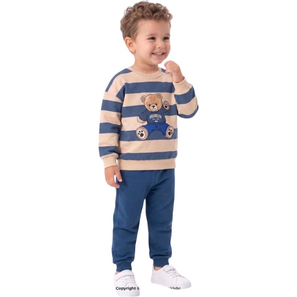 İki parçalı çizgili ayı baskılı sweatshirt ve pantolonlu (1/4)