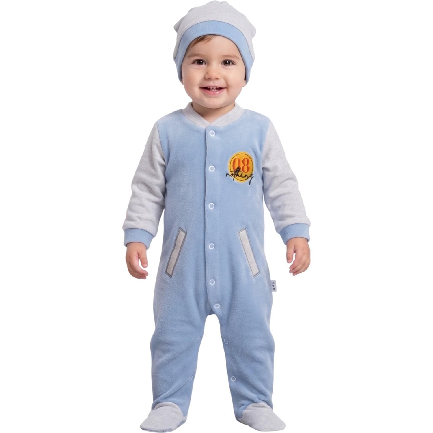 Kadife bebek tulumu ve şapkası (set), 3-6-9 aylık bebekler